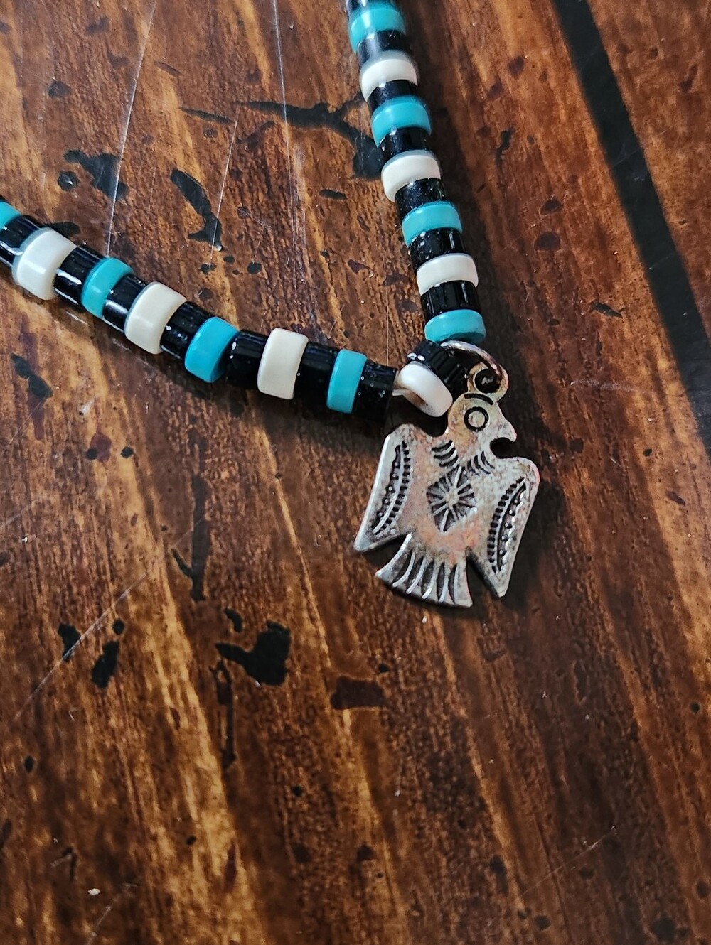 Turquoise, Black, White Beaded Necklace And Earrings Silver, Thunderbird Charm